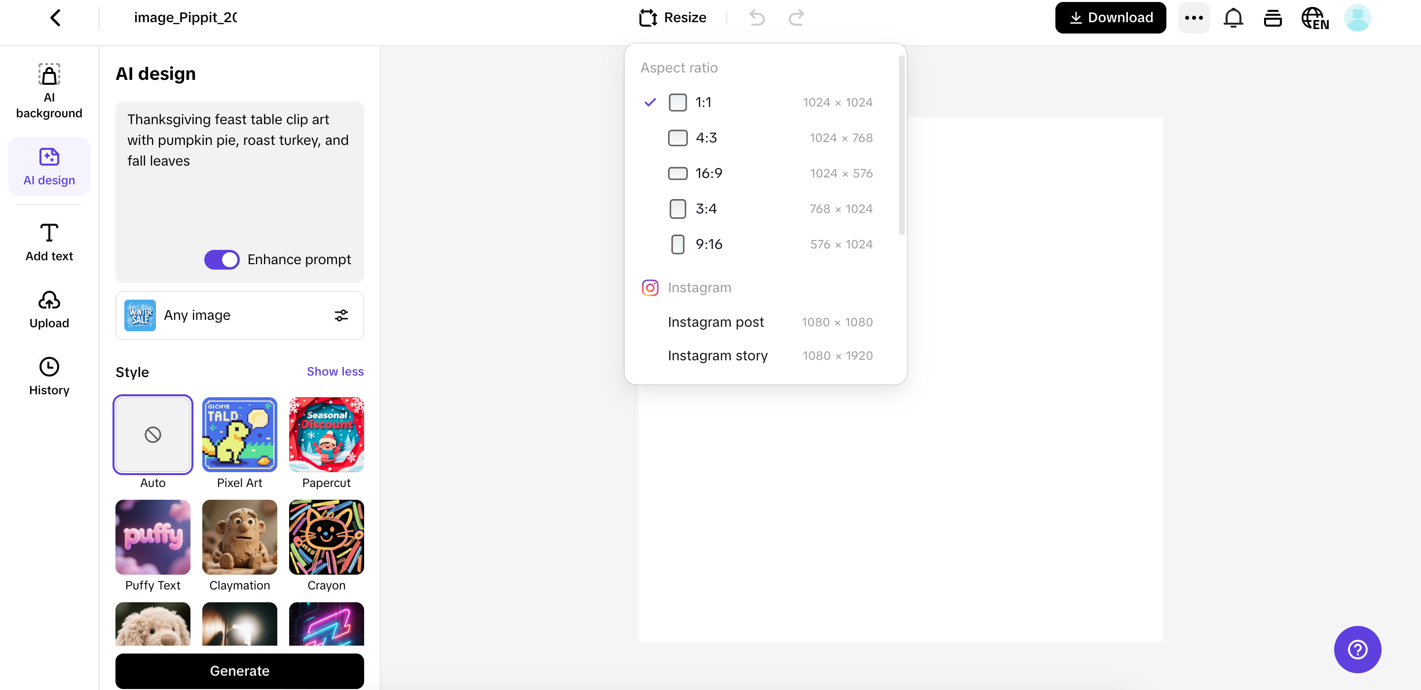Insira o prompt, escolha o tipo de imagem e o estilo