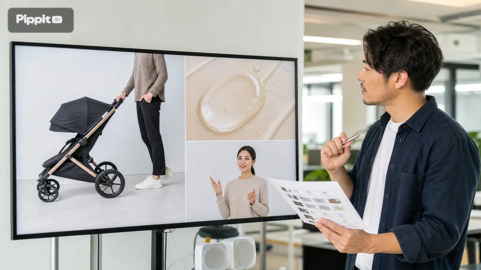 Man reviews a storyboard on a monitor showing product shots and a model