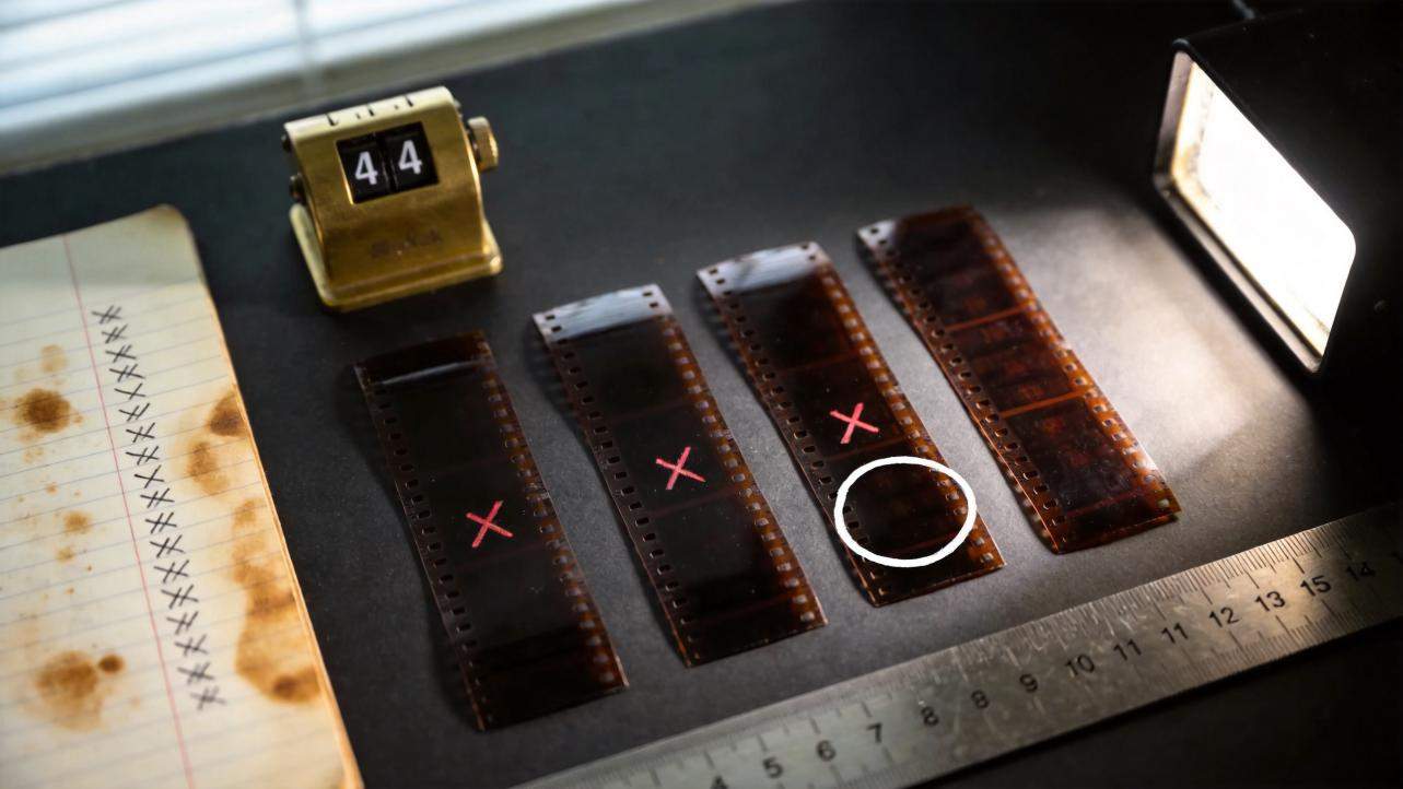 Film strips laid out on a dark surface beside a notepad, ruler, and desk lamp