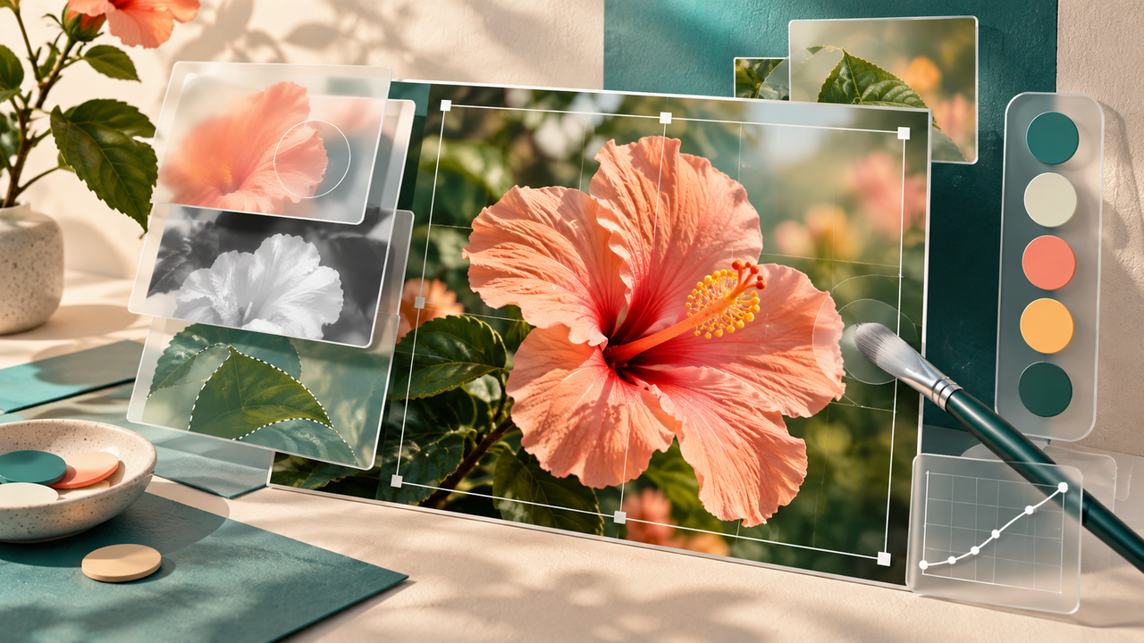 A botanical photograph with editing layers, a brush and color swatches