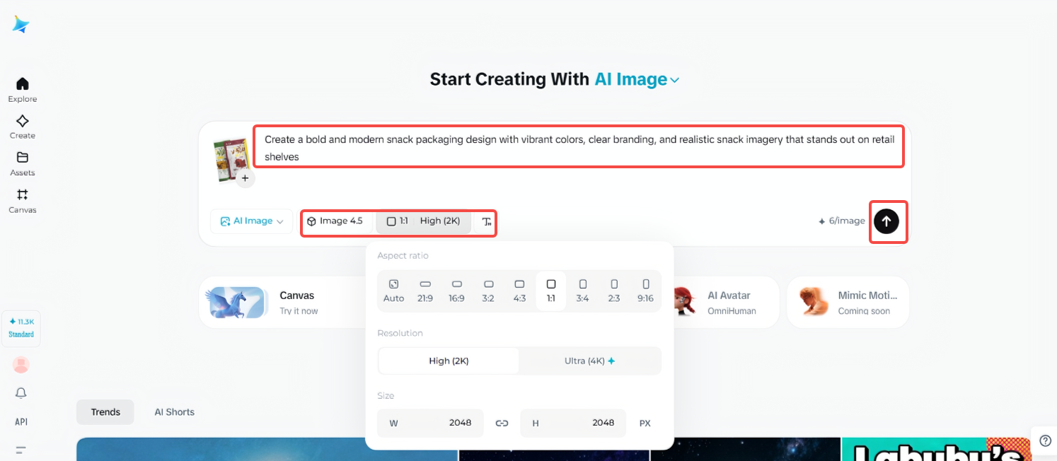 Generating the snack packaging design in Dreamina