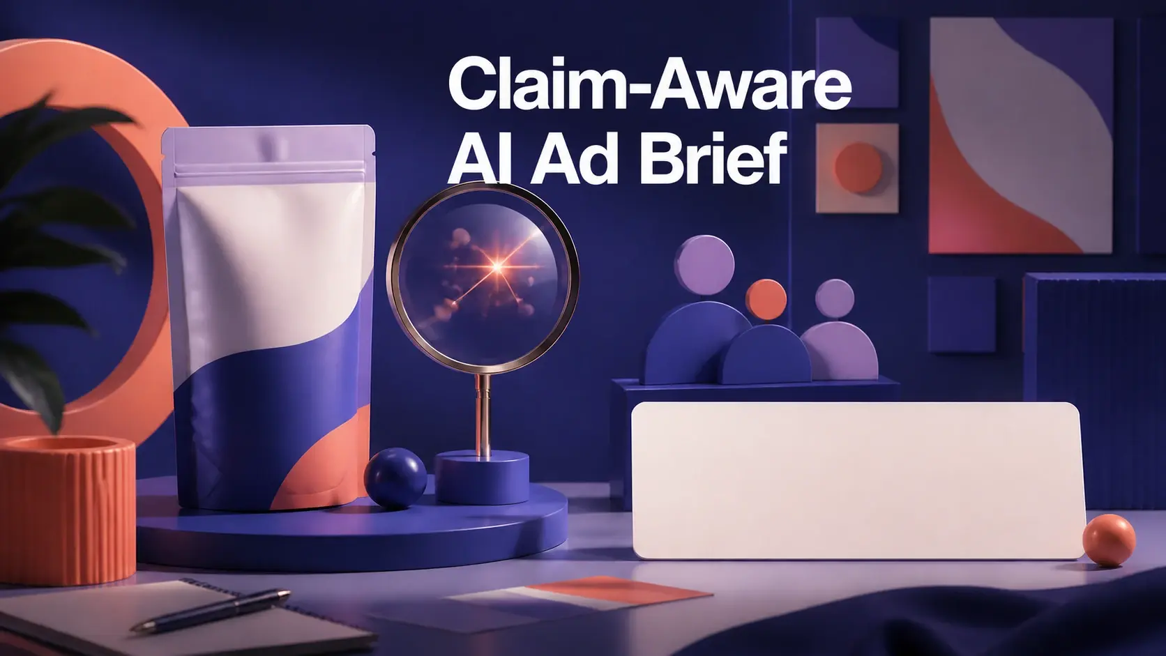 An unbranded product, proof lens, audience shapes, and blank CTA panel form a planning desk.
