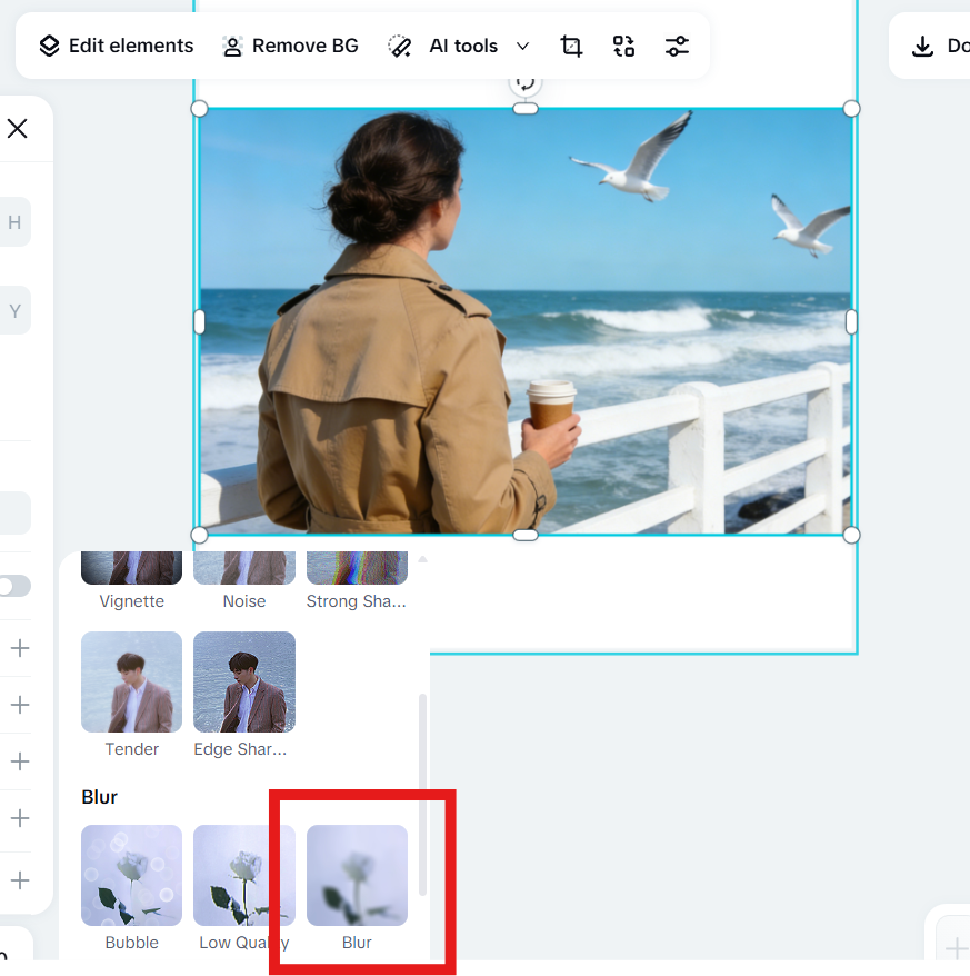 Selecting the Blur effect from the effects panel for the background layer