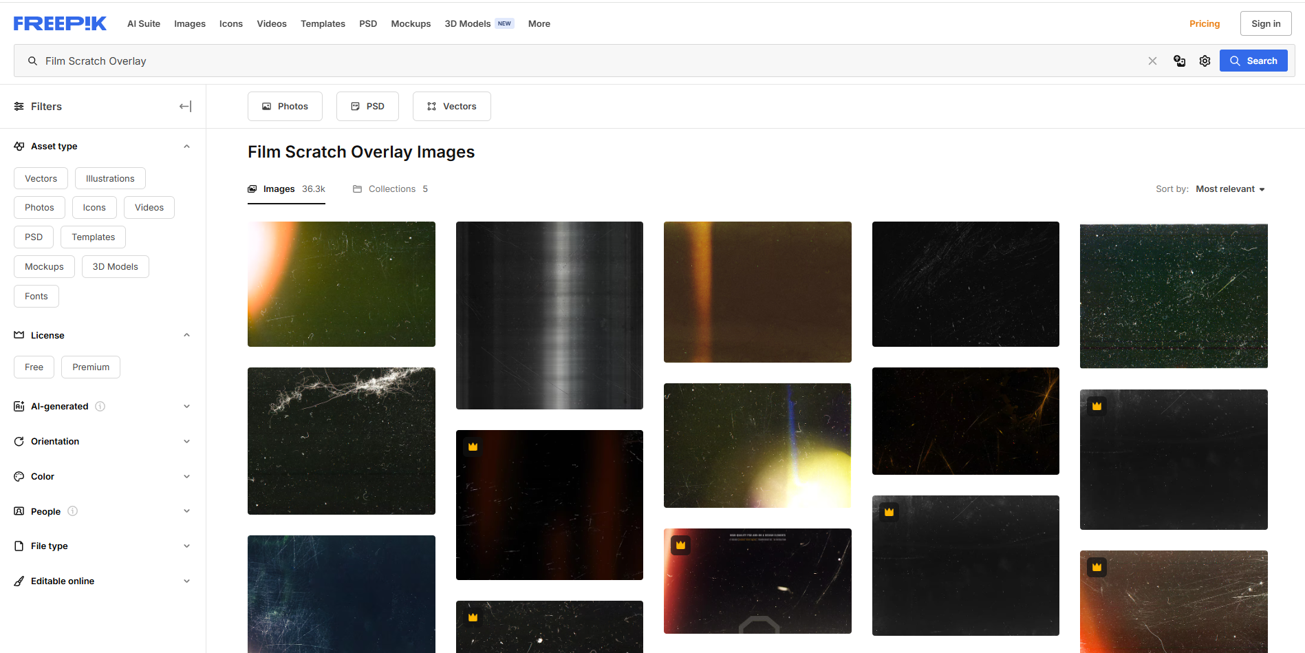 Interface of Freepik - the most liked site to get free film scratches overlay