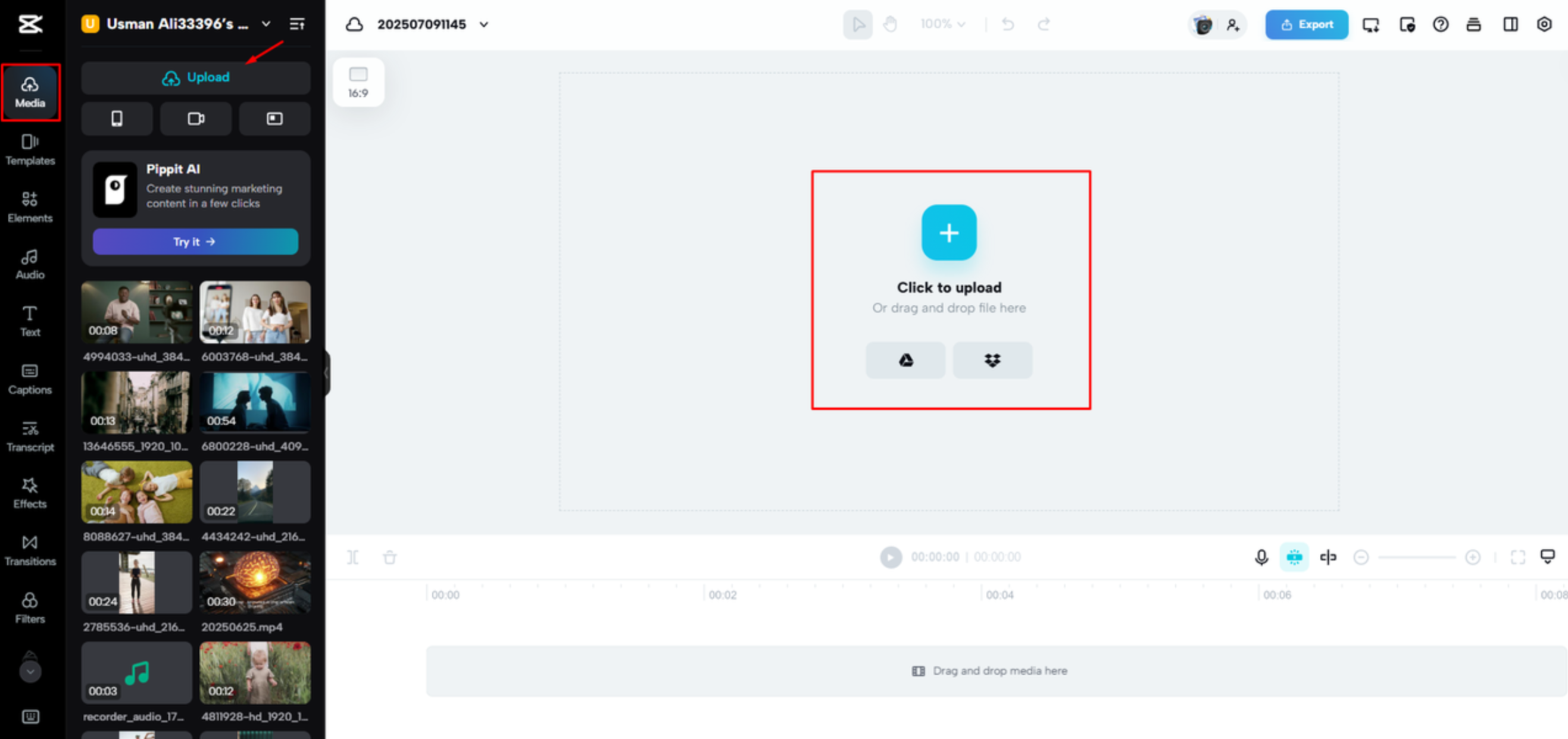 Importando um vídeo para o CapCut Web
