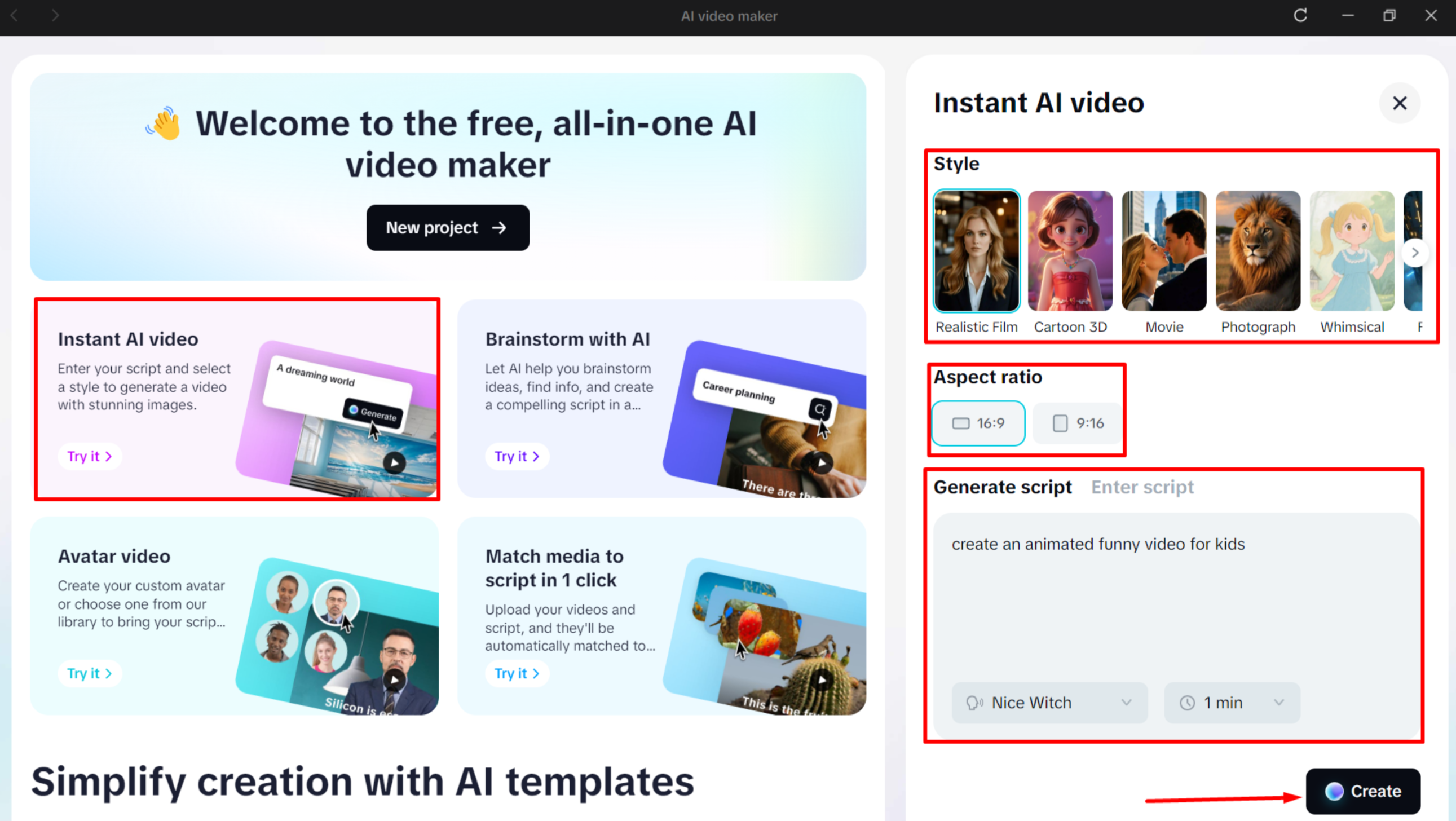 Entering the prompt in CapCut's AI video maker