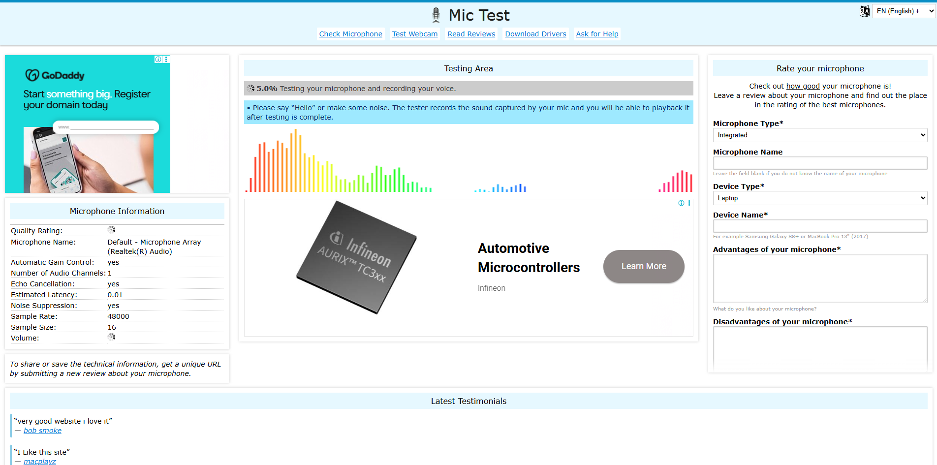 Interface of Mic Test - a highly efficient audio tester