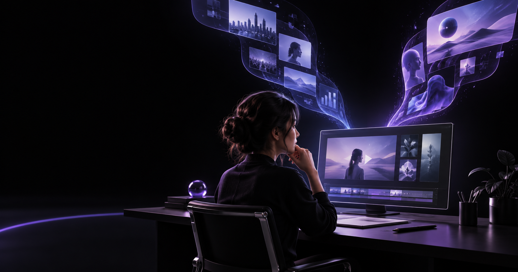<image>scenery:A creator at a dark futuristic workstation comparing verified GPT-5.6 Sol news with ChatGPT 6 Sol rumors while planning an AI video in Pippit, black background with subtle purple highlights, editorial technology style, no logos or fake interface</image>