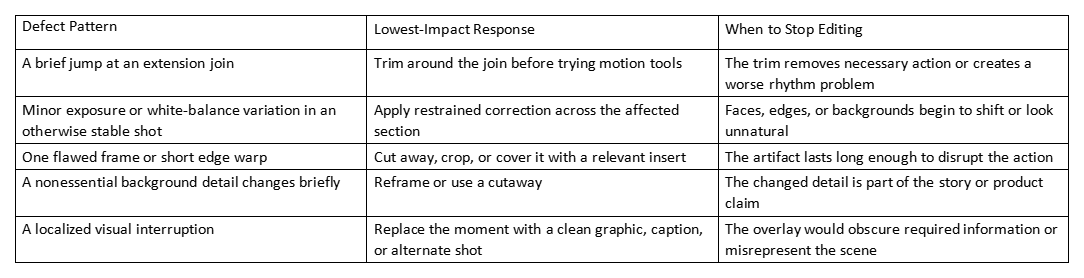 Table of defect patterns, lowest-impact responses, and when to stop editing