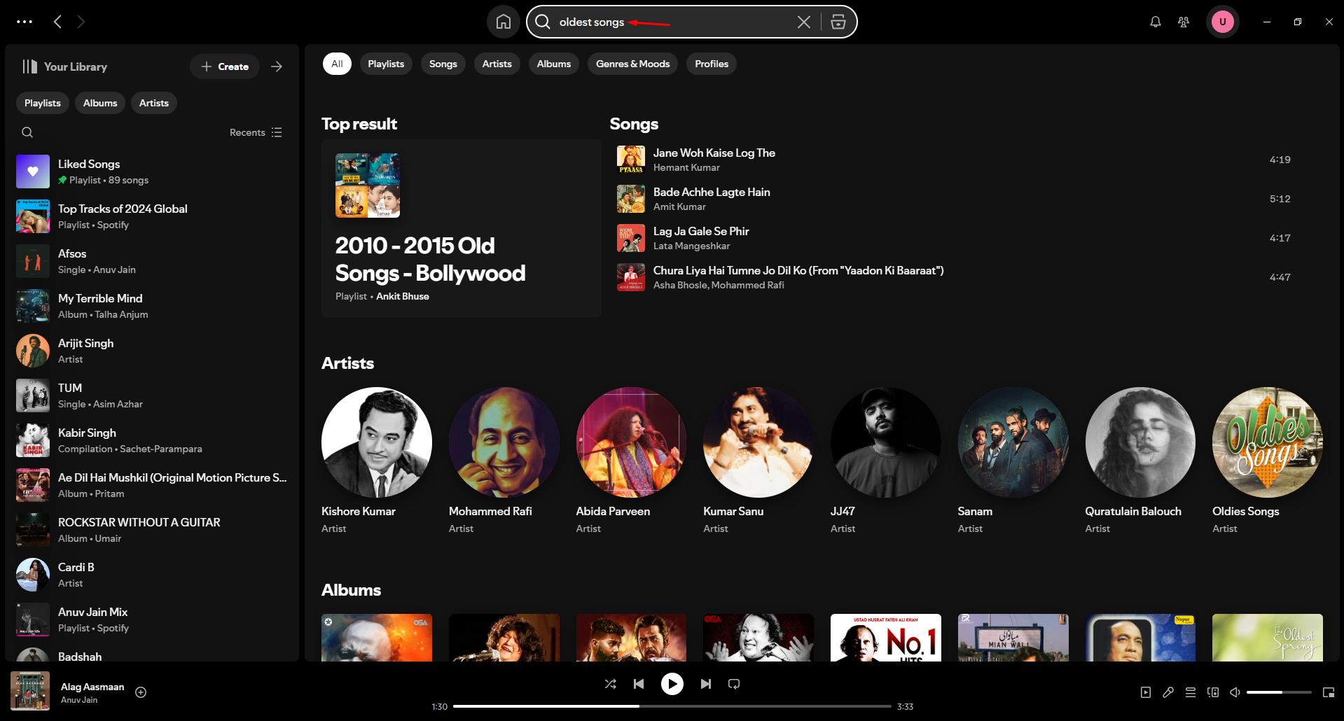 Typing the name of the oldest song on Spotify in the search bar