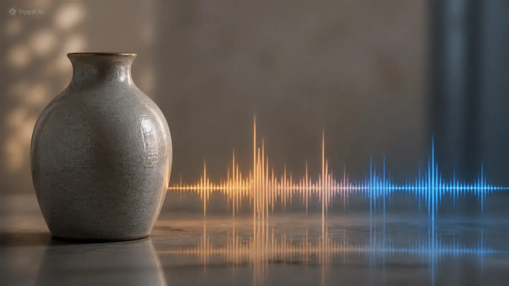 Ceramic vase beside a colorful audio waveform on a reflective surface