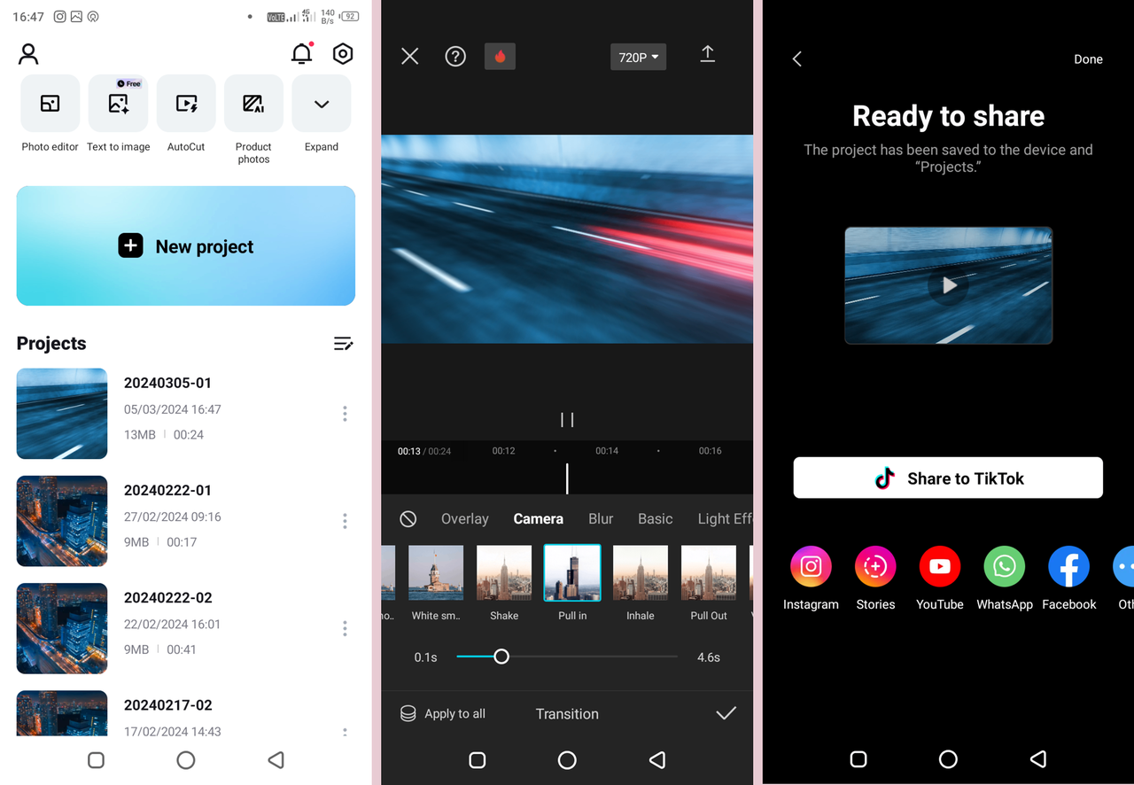 CapCut mobile editor interface - best app to stitch together two videos