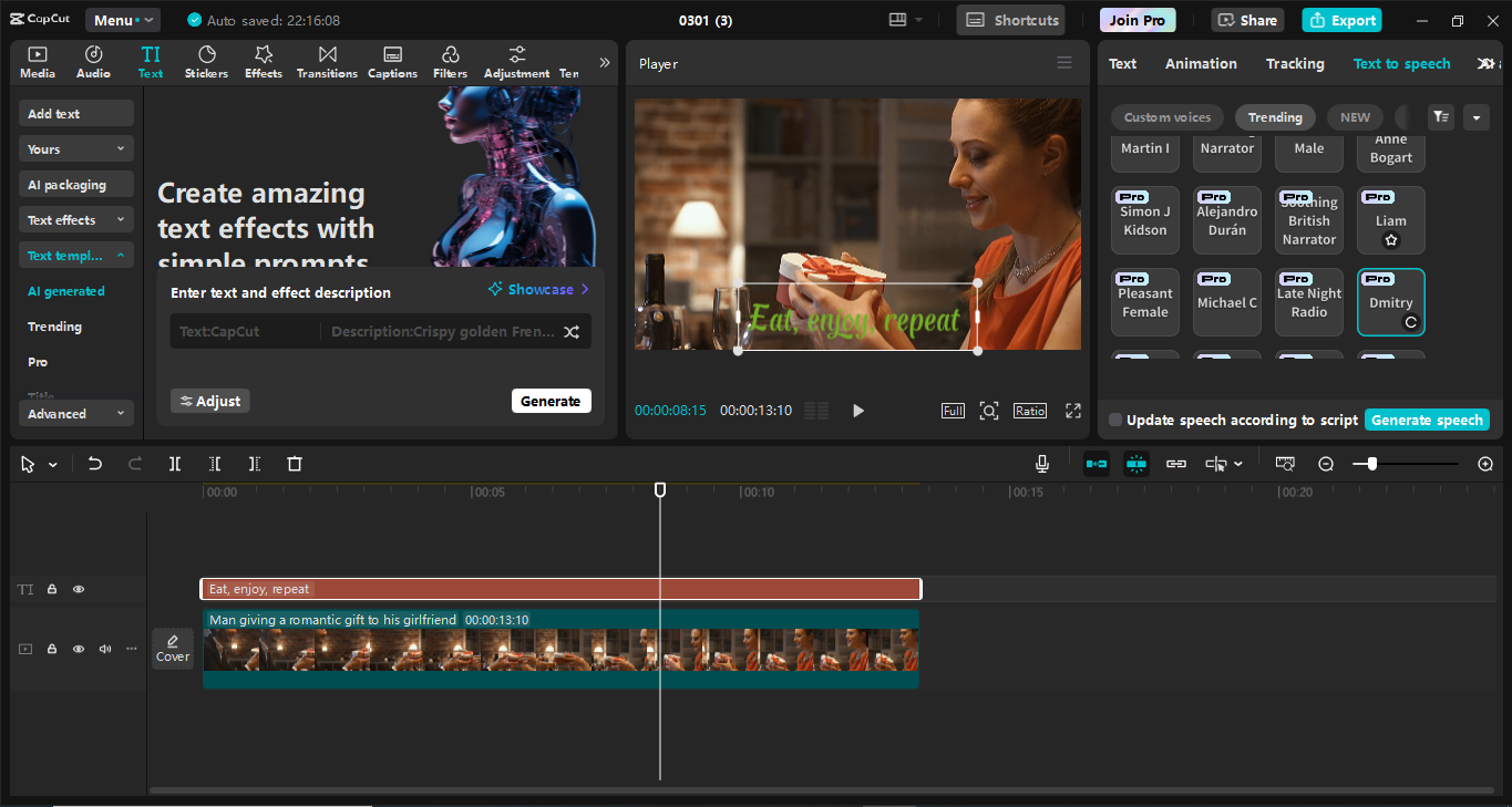 Interface of the CapCut desktop video editor - a perfect tool to apply write-on text effects