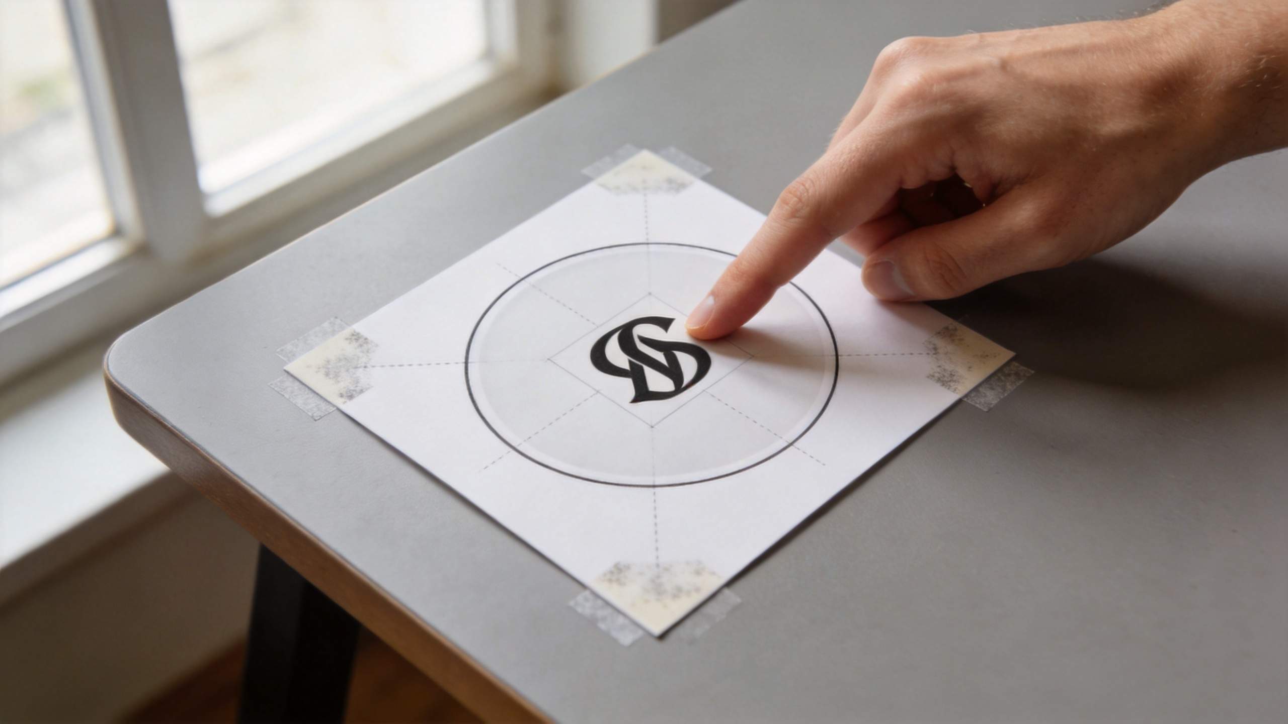 Hand pointing to a centered logo inside a circle on taped paper
