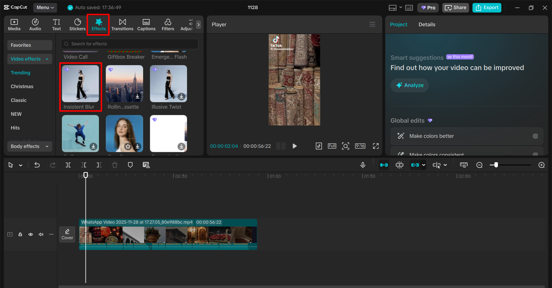 Selecting the blur effect in CapCut PC