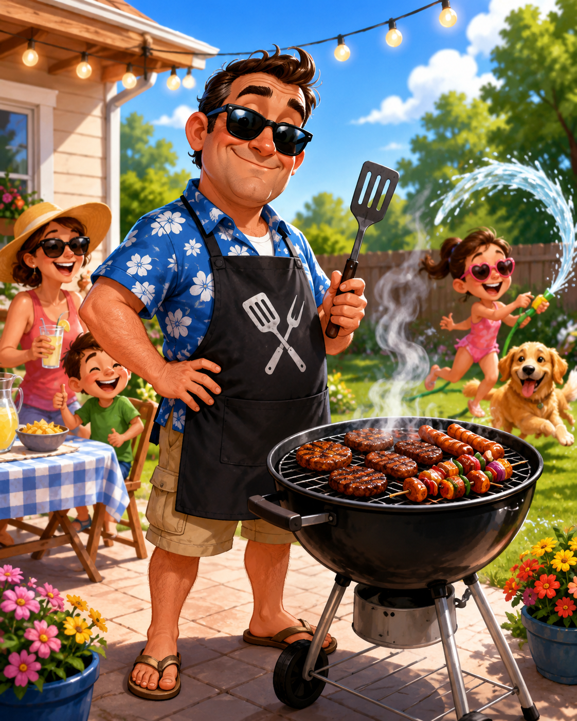 Father's Day picture of a dad proudly standing beside a barbecue grill