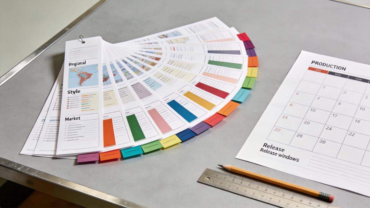 Color swatch fan, regional style sheets, and a production calendar on a desk