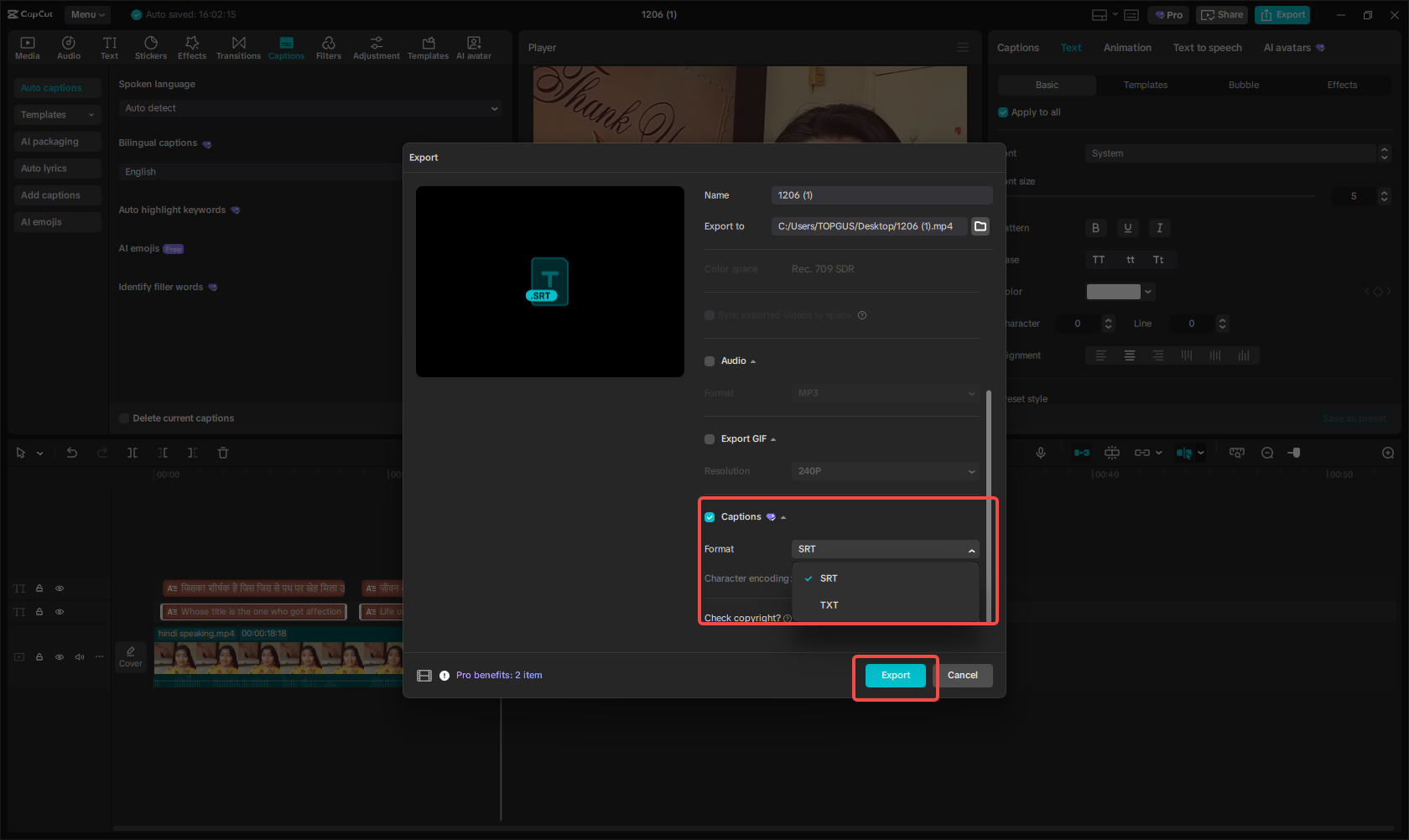 Export the English video captions