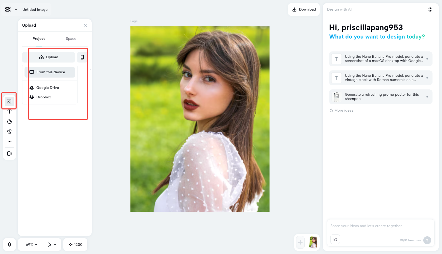 Uploading the photo to CapCut