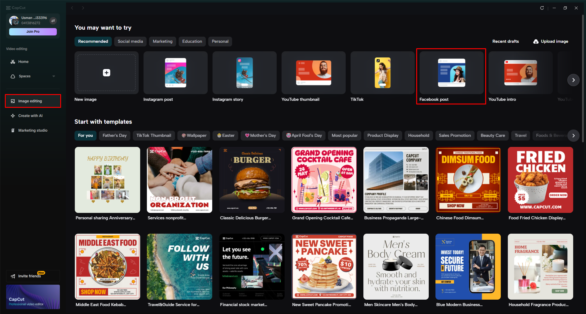 Accessing the Facebook post tool in the CapCut desktop video editor