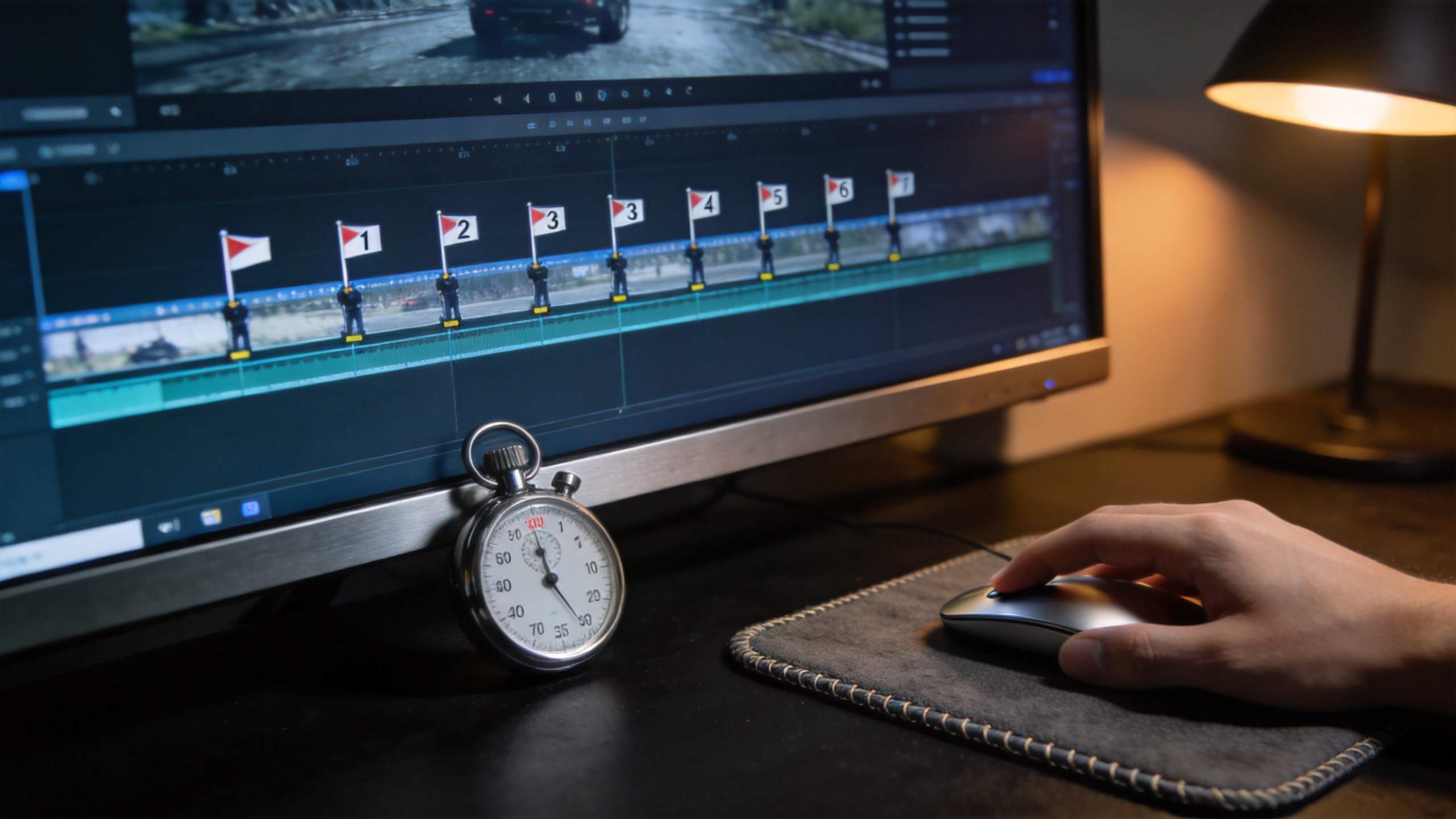 Video editor timeline on a monitor with numbered markers, a stopwatch, and a hand on a mouse