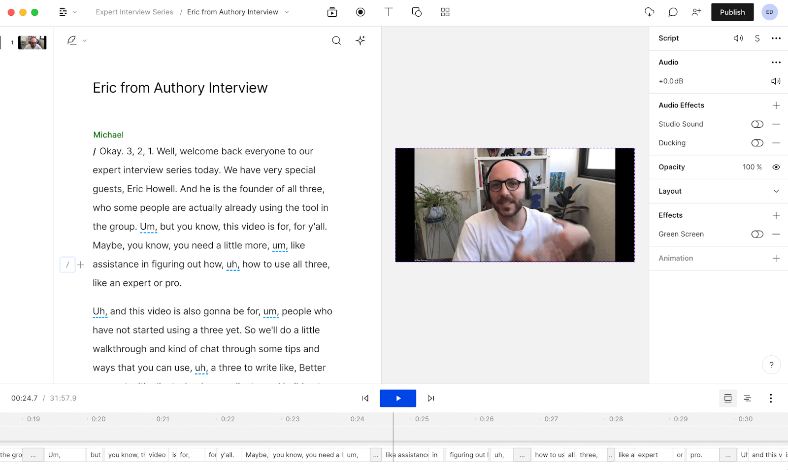 Interface of Descript - an online audio to text converter with advanced tools