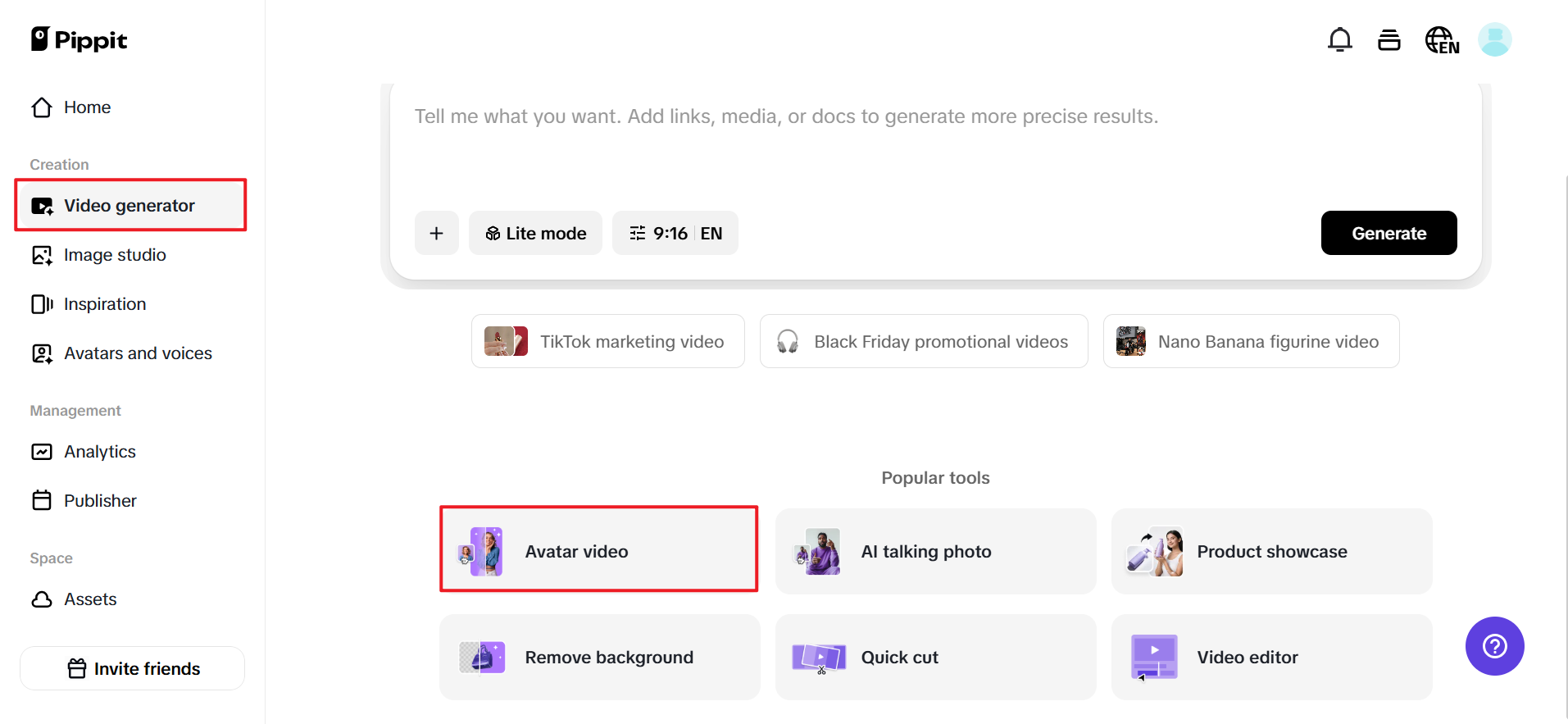 Go to the avatars on the video generator