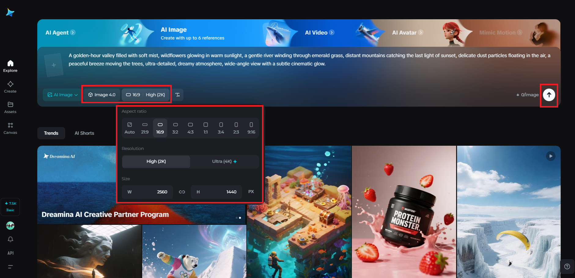 Select the model, aspect ratio, and resolution