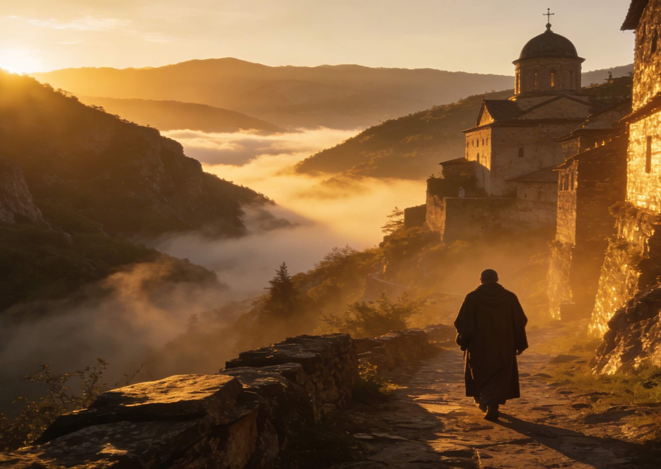 Video cinematográfico del amanecer de un tranquilo monasterio de montaña