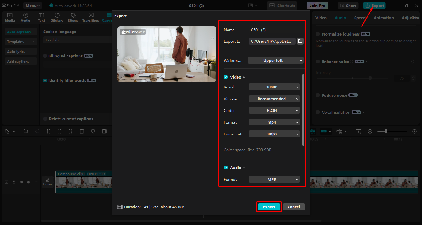 Exporting a podcast from the CpCut desktop video editor