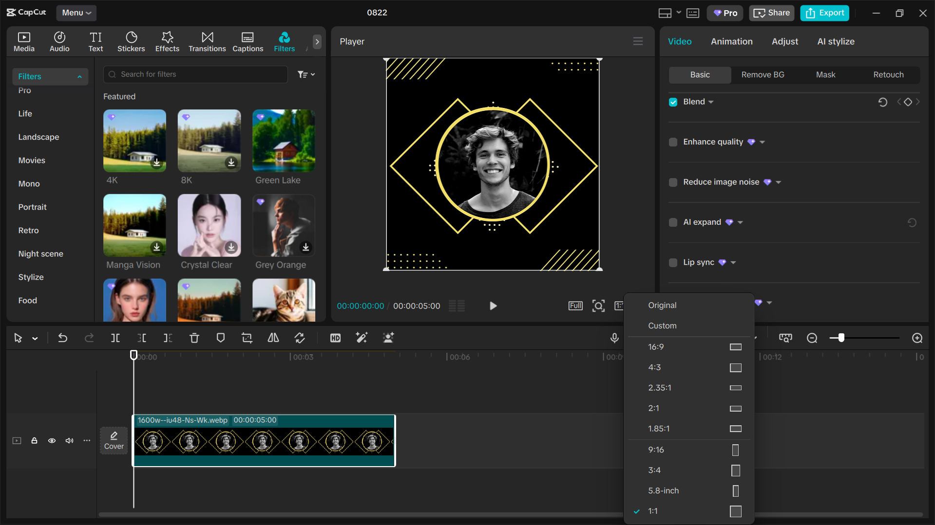 Editing interface of CapCut - the best tool to make a custom YouTube profile picture