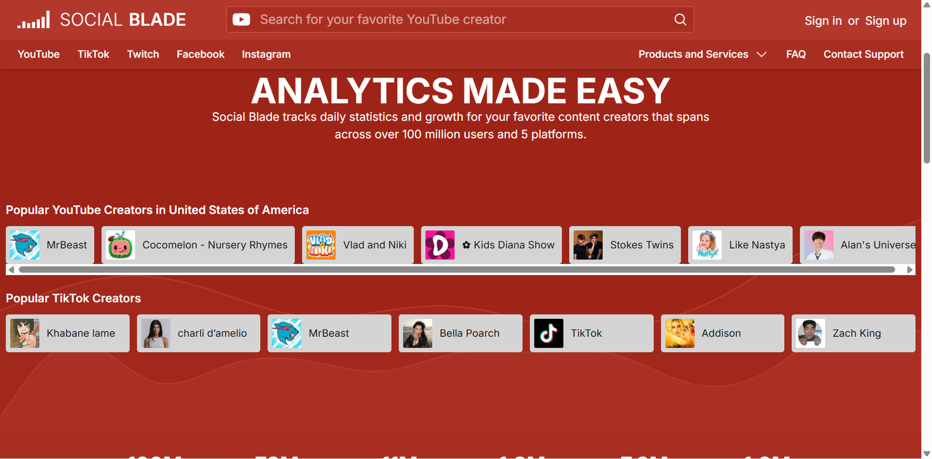 Interface of Social Blade