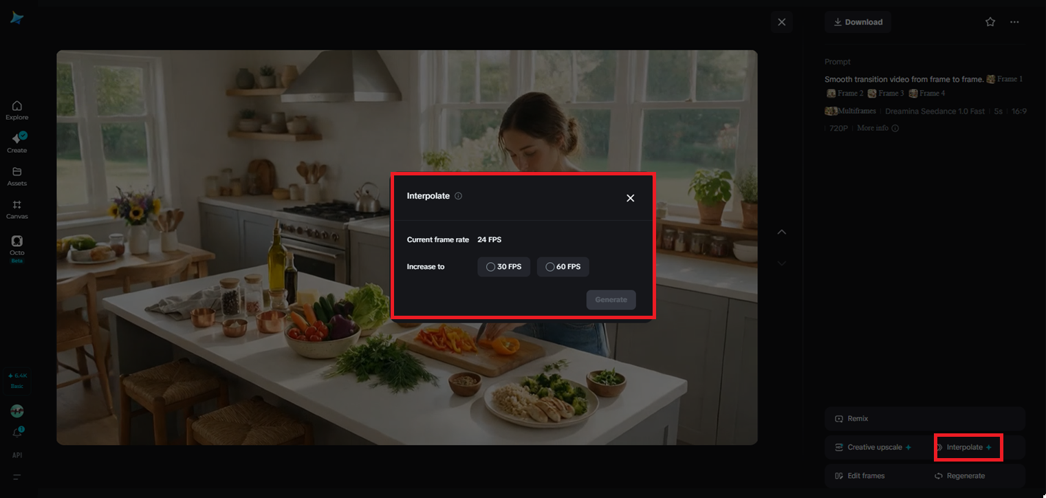 Interpolation feature in Dreamina