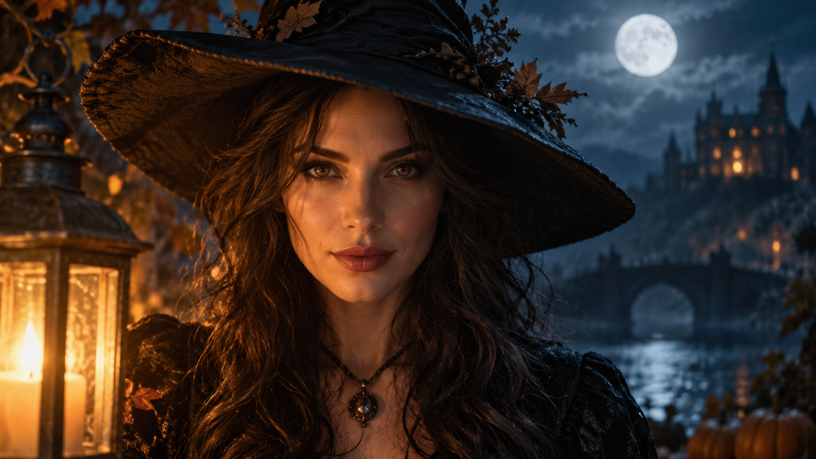 Witch avatar: Fictional adult shoulders-up witch-inspired portrait with moonlit background and warm lantern catchlight, face centered