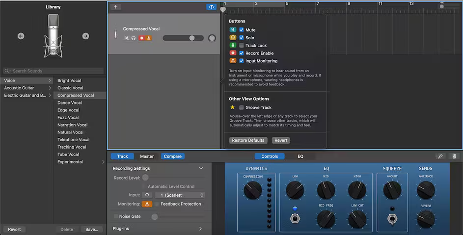 Interface of GarageBand - another voice over software