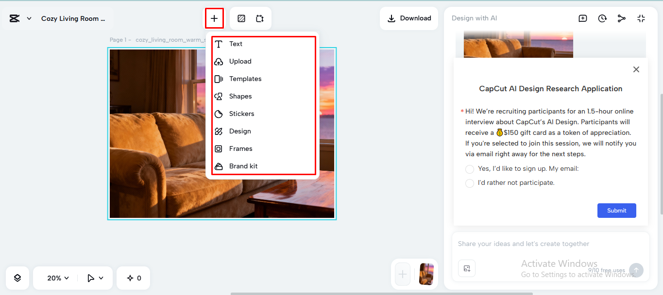 Editing and upscaling the image on the CapCut desktop video editor
