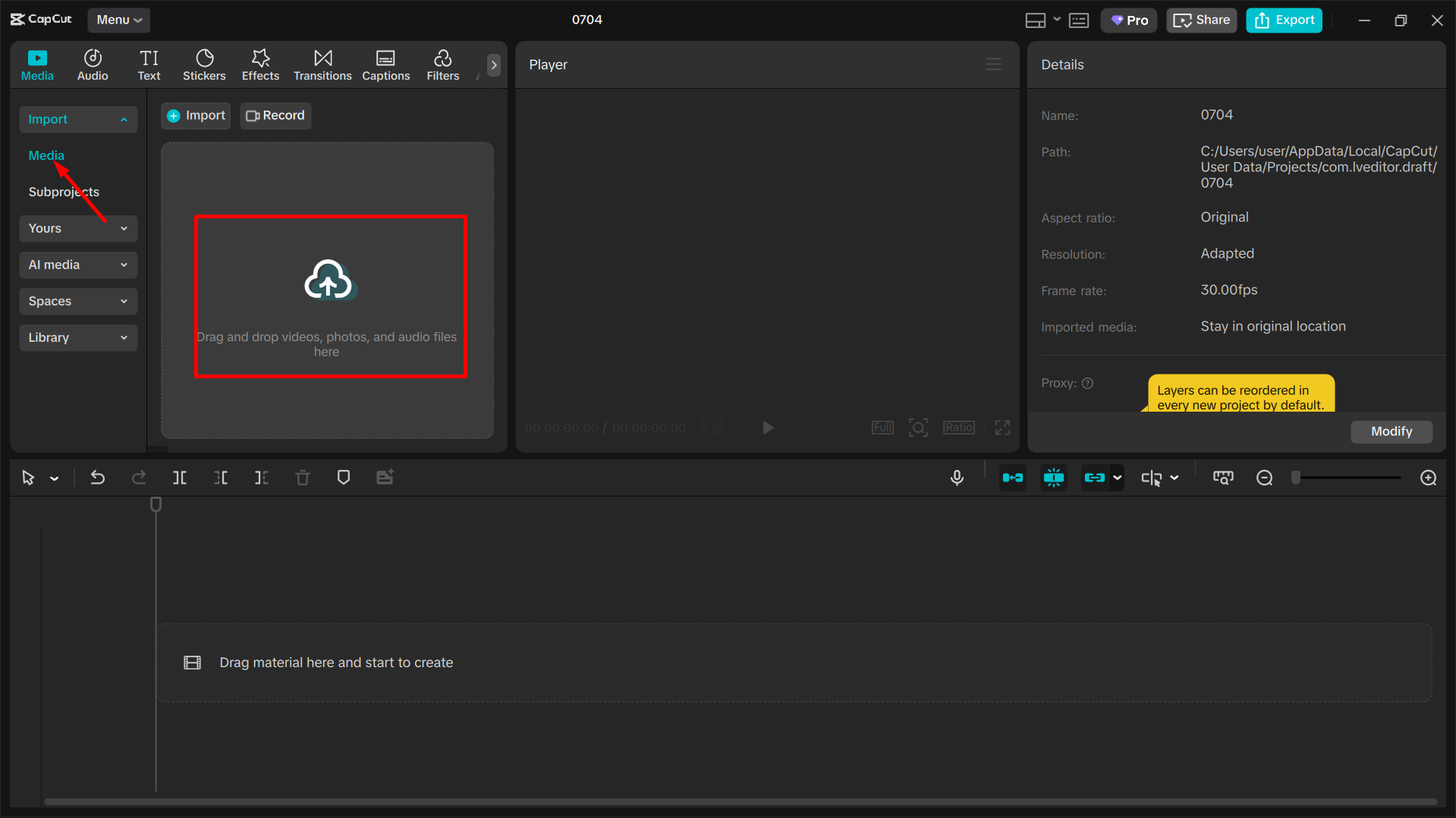 Uploading the video to the CapCut desktop video editor
