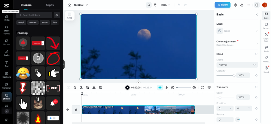 CapCut editor displaying a sticker library, moon video preview, and populated editing timeline