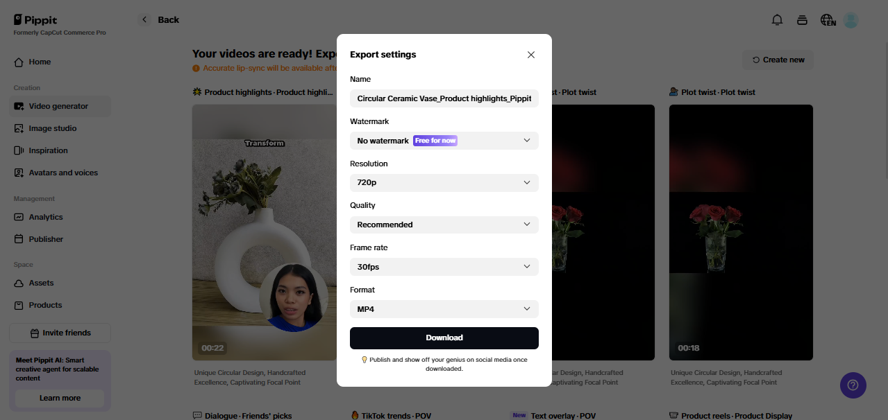Exporting video from Pippit