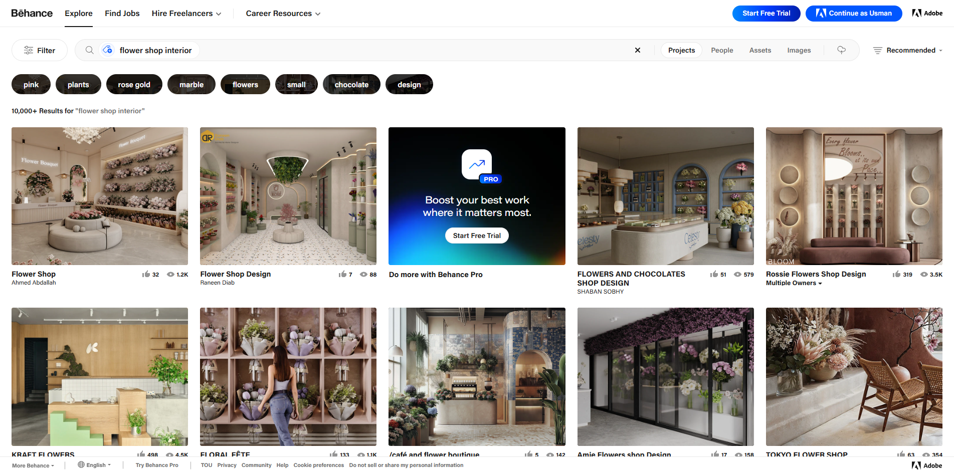 Interface of Behance - a place to find flower shop interior designs