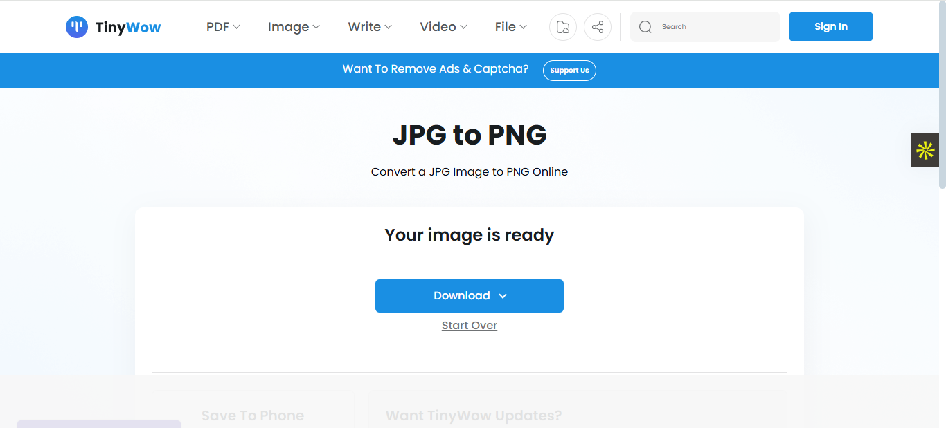 TinyWow - the reliable JPEG to PNG Converter to consider