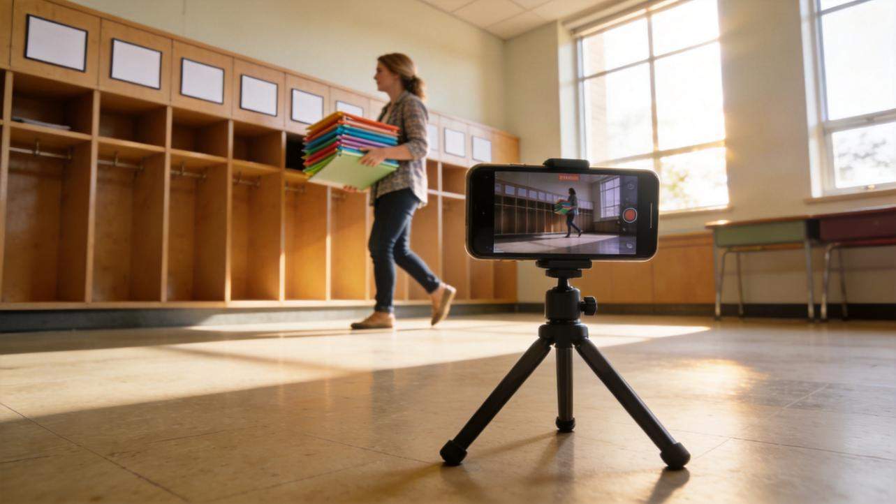 Phone on tripod records a teacher carrying school supplies in a classroom