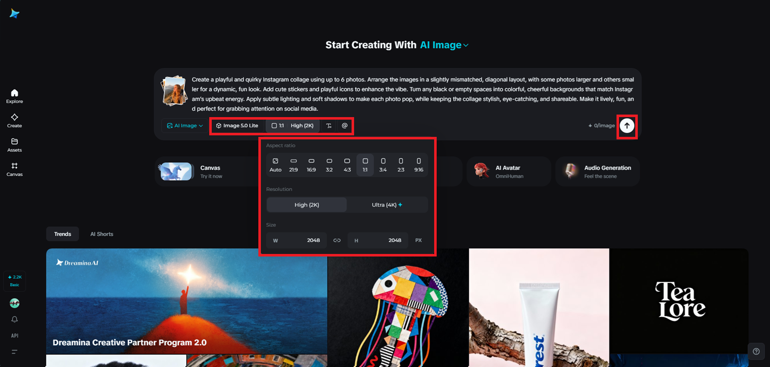 Selectați Seedream 5.0 și reglați setările