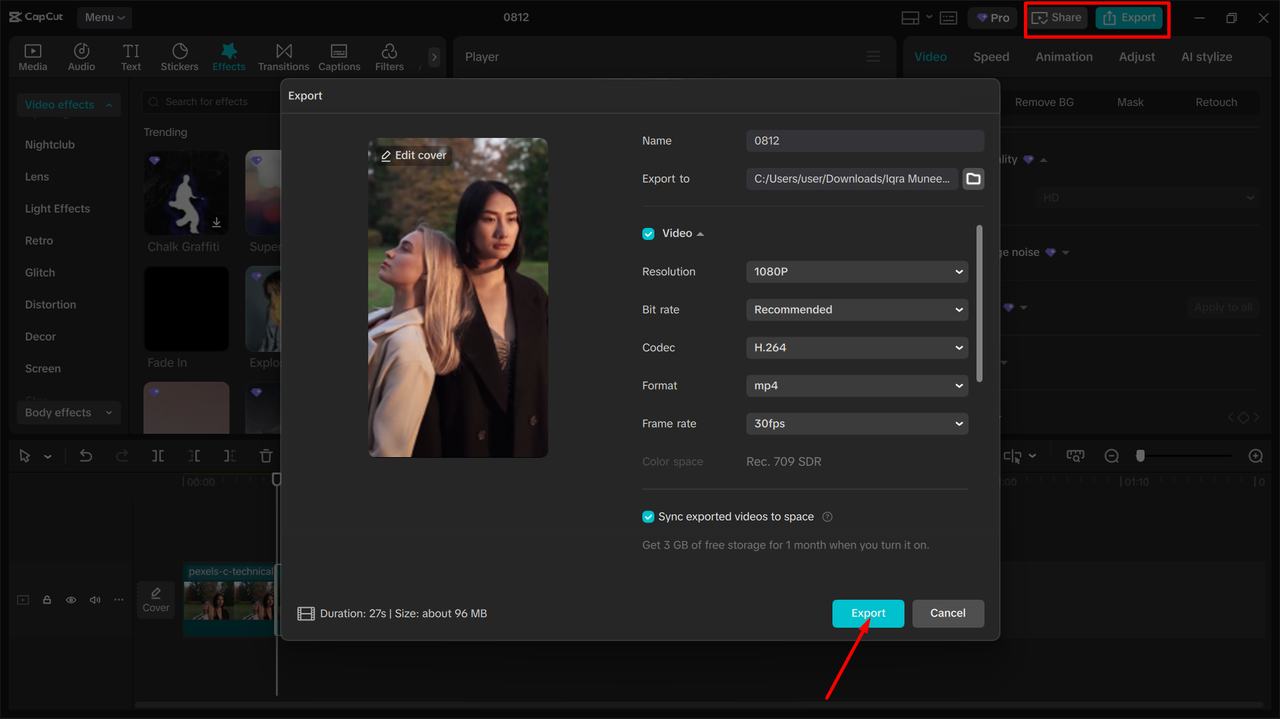 Export videa z editoru videa pro stolní počítače CapCut