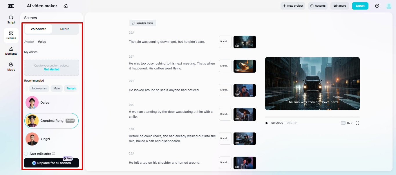 Voiceover library in CapCut Web