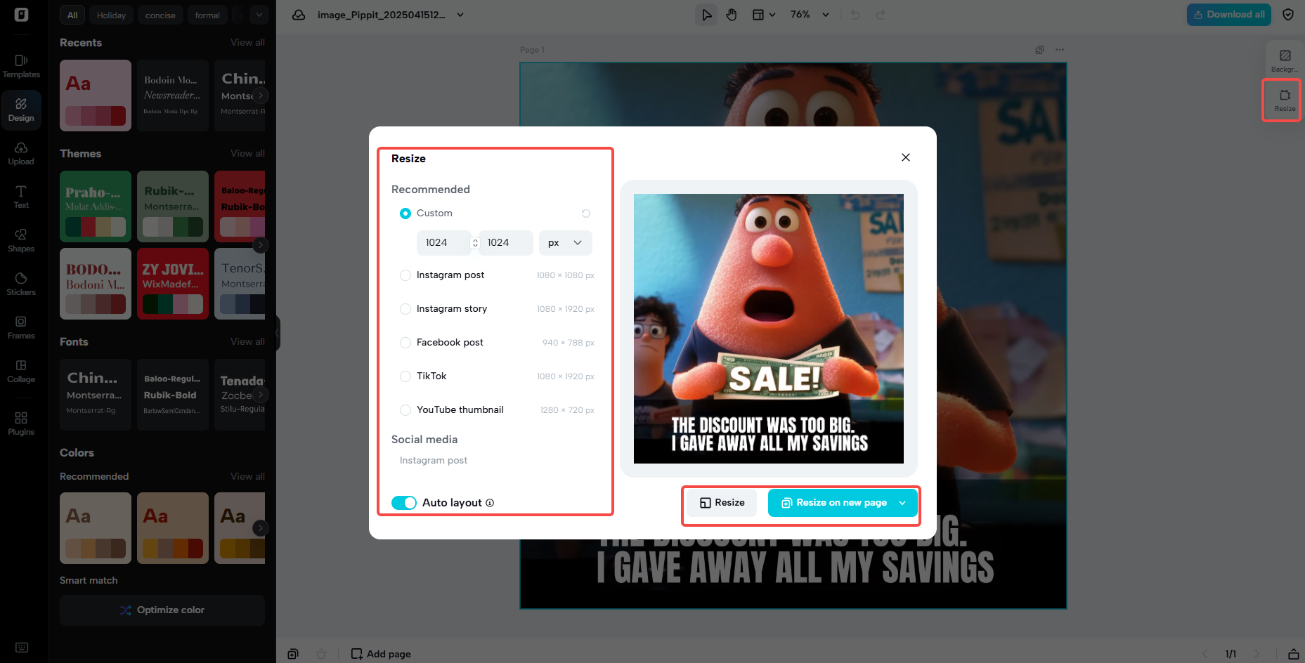 Pippit resize option