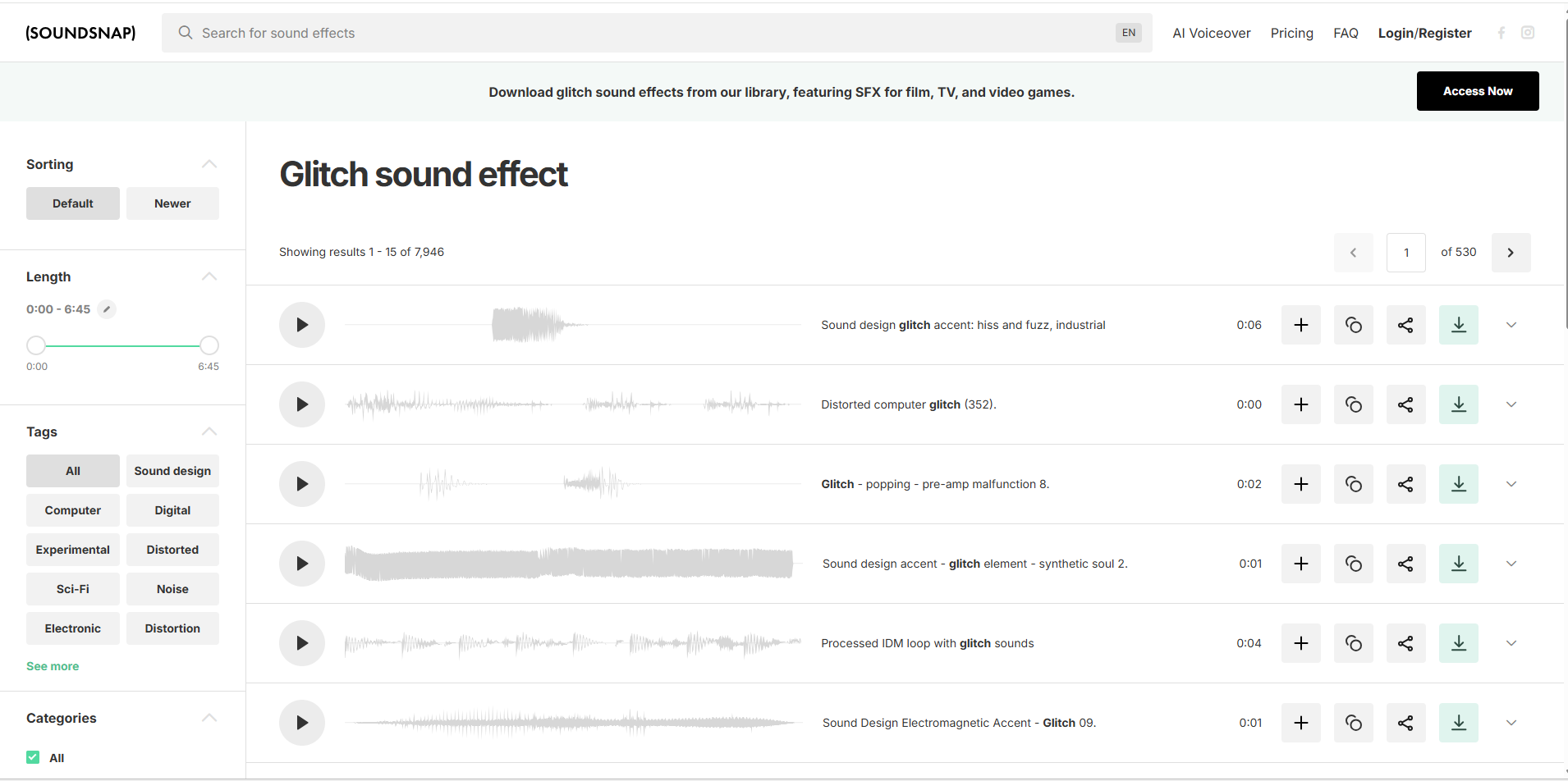 Interface of Soundsnap - another website to download saura glitch effect