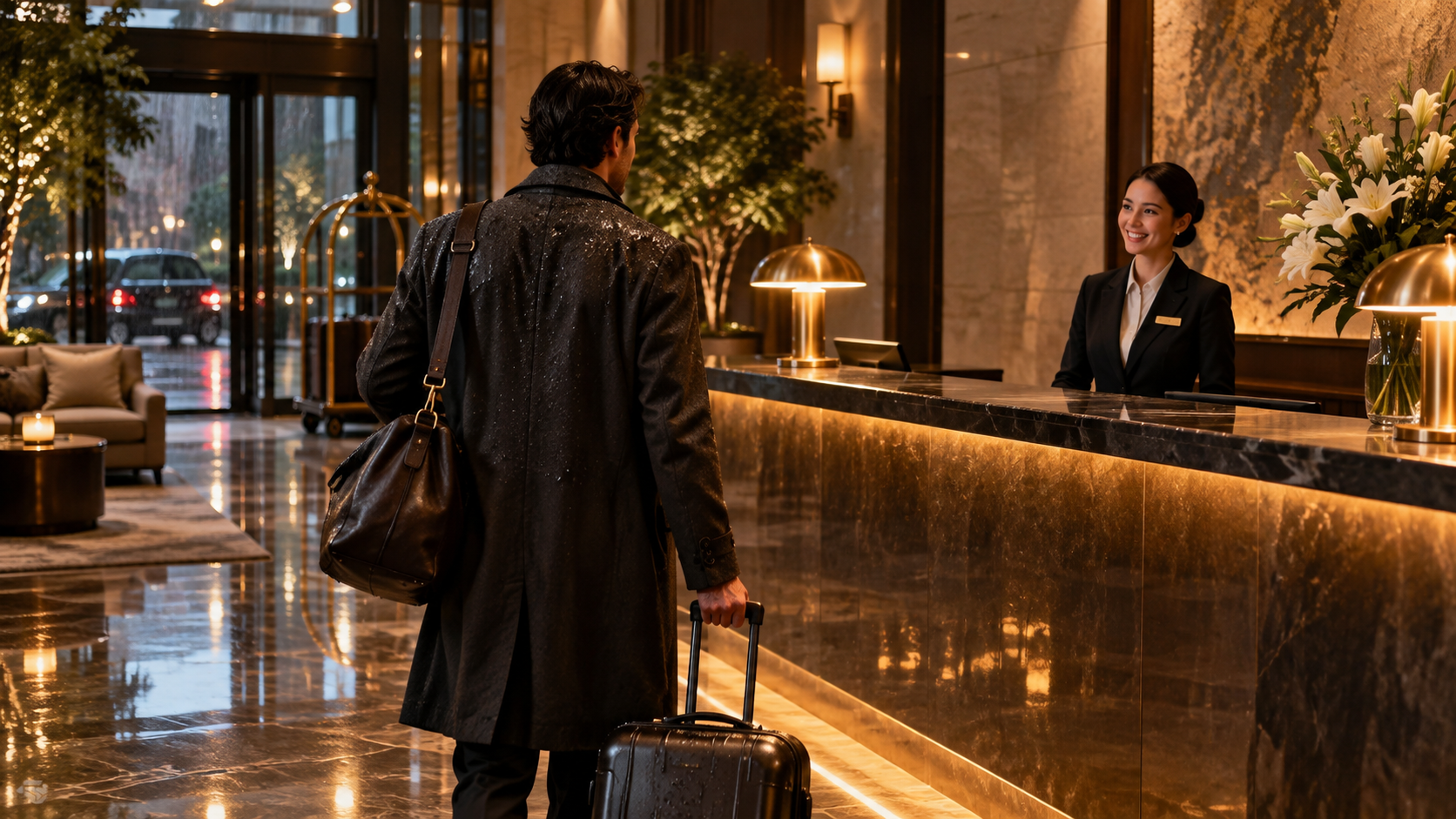 Hotel Lobby AI Video Trend: Regnerische Nacht Check-In