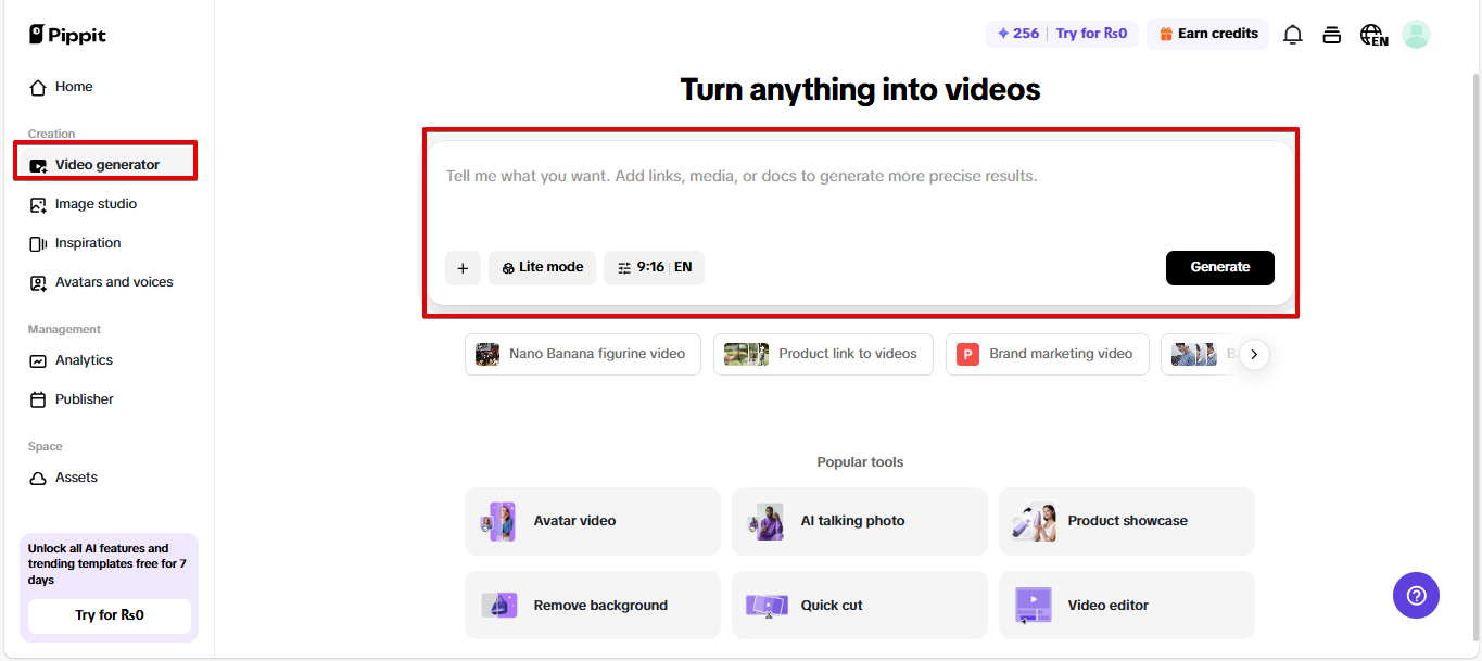 Video generator in Pippit
