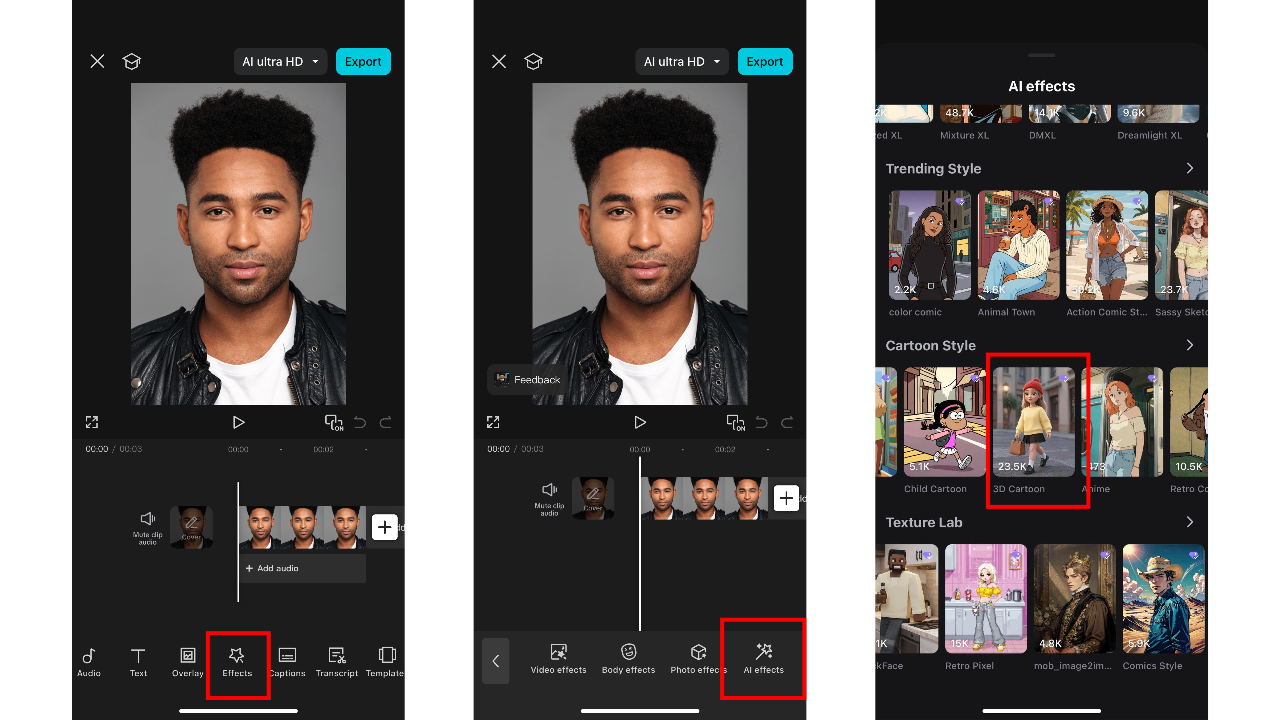 Aplicar efeitos de IA em 3D